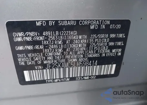 2020 Subaru Forester Sport из США, поврежденный, VIN JF2SKAMC5LH598414